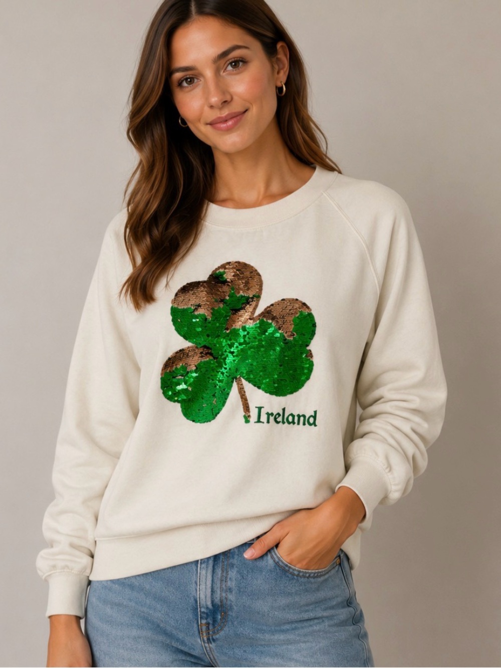Ireland Sequin Shamrock Crewneck Sweatshirt - Cream